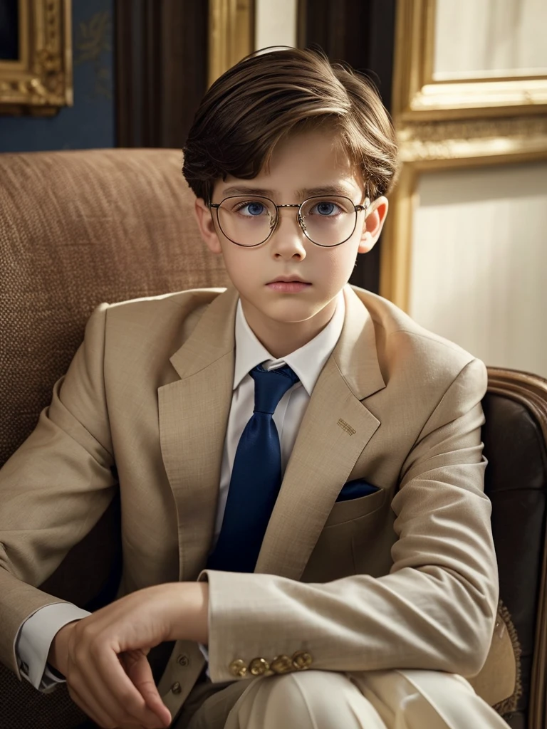 A -yeld bolender light brown hair and blue eyes white skin fine features handsome boy masculine fine European features fine clothes elegant well dressed living room luxurious classic elegant dark clothes formal elegant discreet glasses look sad serious thoughtful a little upset