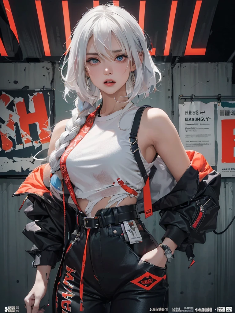 ((((dramatic))), (((gritty))), (((intense))) film poster featuring a young platinum white hair woman as the central character. She stands confidently in the center of the poster, wearing a stylish and edgy Harajuku-inspired hip hop outfit, with a determined expression on her face. The background is aesthetic atmospheric dark and gritty, with a sense of danger and intensity. The text is bold and attention-grabbing, with a catchy tagline that adds to the overall feeling of drama and excitement. The color palette is mainly dark with splashes of vibrant neon colors, giving the poster a dynamic and visually striking appearance,tachi-e
(magazine:1.3), (cover-style:1.3), fashionable, woman, vibrant, outfit, sexy seductive posing, front, colorful, dynamic, background, elements, confident, expression, holding, statement, accessory, majestic, coiled, around, touch, scene, text, cover, bold, attention-grabbing, title, stylish, font, catchy, headline, larger, striking, modern, trendy, focus, fashion,