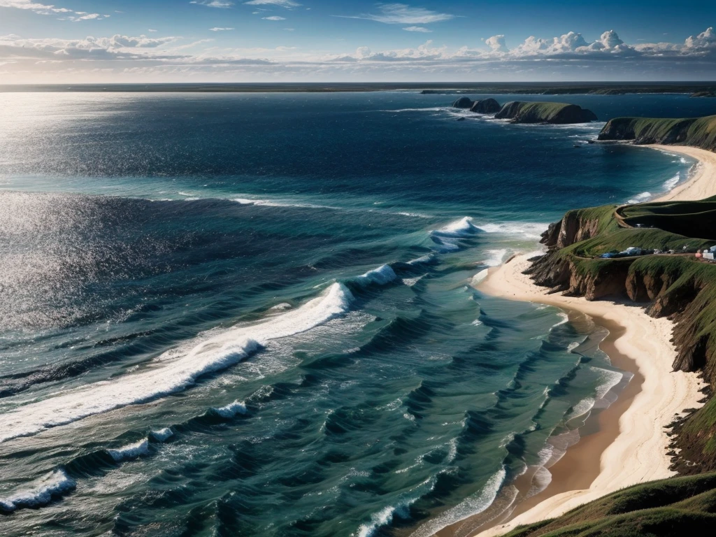 a serene coastal landscape with a vibrant blue color palette, capturing the essence of the ocean and sky, sand dunes illuminated by soft sunlight, gentle waves crashing against the shore, a lone seagull soaring gracefully above, distant sailboats peacefully gliding on the horizon, including fine detailing on the sand grains, sparkling reflections on the water surface, a sense of vastness and tranquility, a fusion of realistic and painterly styles, with vivid colors and rich textures, showcasing the beauty and power of nature, high resolution and sharp focus to capture every delicate detail, professional quality with studio lighting, creating a masterpiece of coastal artwork.