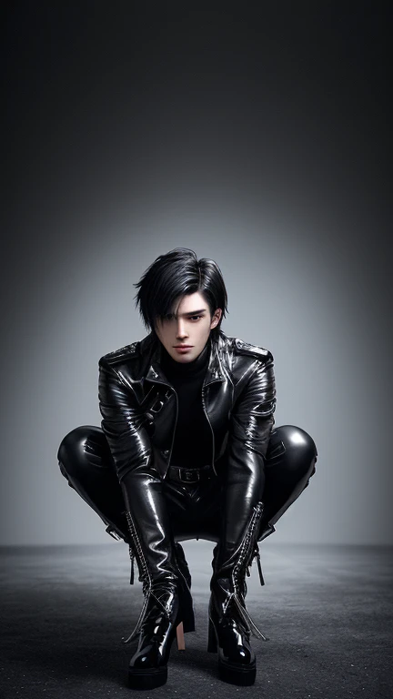 Final Fantasy-style graphics, young, Cute and cool Japanese boys, Thin eyebrows and big eyes, He is wearing a shiny white single-breasted leather jacket.....。Biker style leather jacket、 with epaulettes, The jacket is zipped up, The jacket pockets are black., The jacket has a high stand-up collar with a belt, Also wearing a black turtleneck, black leather pants, Thin black leather gloves on both hands, Black leather knee-high lace-up boots, Show me your whole body from head to toe, Final Fantasy Style、((good looking))、((good looking))、((Clear eyes and nose))、((Shiny white single leather jacket))、((The jacket must be white))、((The jacket has epaulettes))、((Jacket has a high stand-up collar and belt))、((The jacket has a black pocket))、((Black turtleneck shirt))、((black leather pants))、((Always wear shiny black leather gloves on both hands))、(((The gloves are not fingerless))、((Black lace-up leather long boots))、((View full-body images from a distance))、Realistic image quality and texture、In a small cell、close your eyes、A kind smile、((The jacket is closed with a zipper))、((No exposed skin below the neck))、((Round face)、((Short Hairstyles))、((Edium Build))、