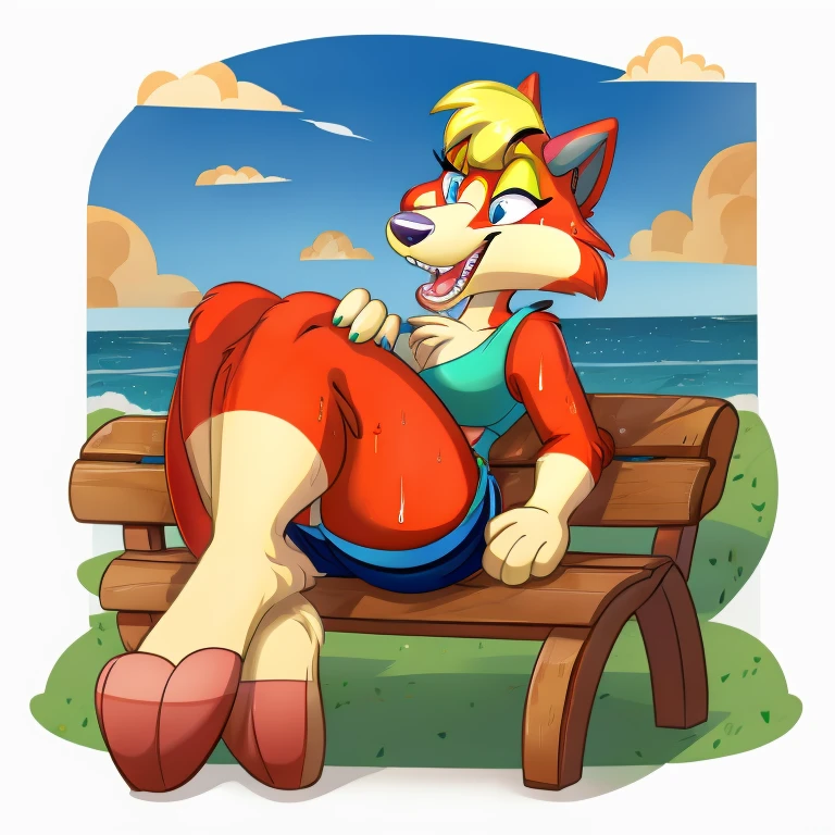 Anthro, Pepe le pew from Looney Tunes, wearing red shorts, crossed legs position, thick thighs, eating cream cheese, sweating, teeth yellowed