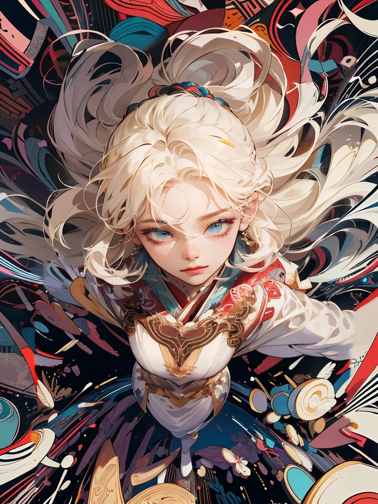 Absurd, High resolution, Super detailed, One girl, alone, Very fine grain, Ultra-precise depiction, Ultra-detailed depiction, (Tangled:1.2), (Dynamic pose), (Abstract background:1.5), (Traditional Costume:1.2), Short platinum blonde, (Shiny skin), Many colors, Upper Body, (From above)