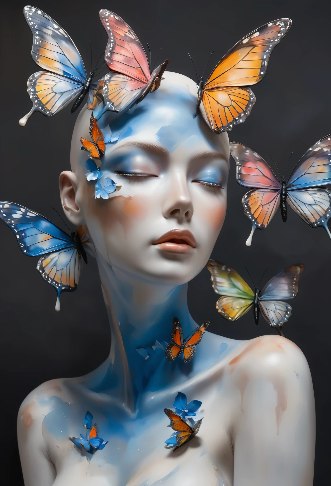 display，Still life table，Artistic statues，3D Sculpture，ceramics，Elegant beauty portrait，Baldhead，，Acrylic paint on shoulders，The face is painted with oil paint,A butterfly in the sky，Dark background，Light and shadow contrast