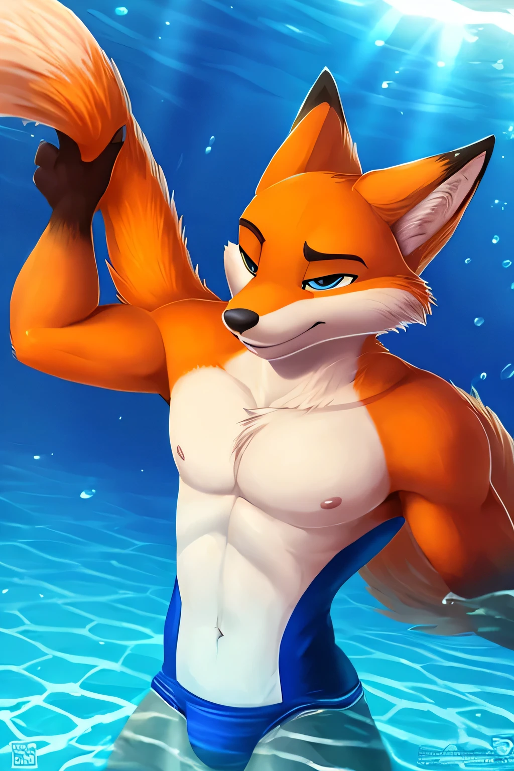Tails the Fox, male, part of a swim team, small lycra speedo, full body, floating underwater, 2D zootopia style, best quality, ultra-detailed, realistic:1.37, portraits, vibrant colors, soft lighting.
