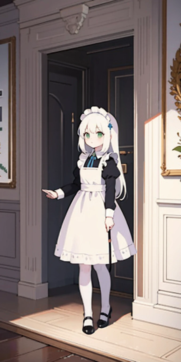 (masterpiece, top quality, best quality), pixel, pixel art, 1girl, full body, white hair, green eyes, blue maid dress