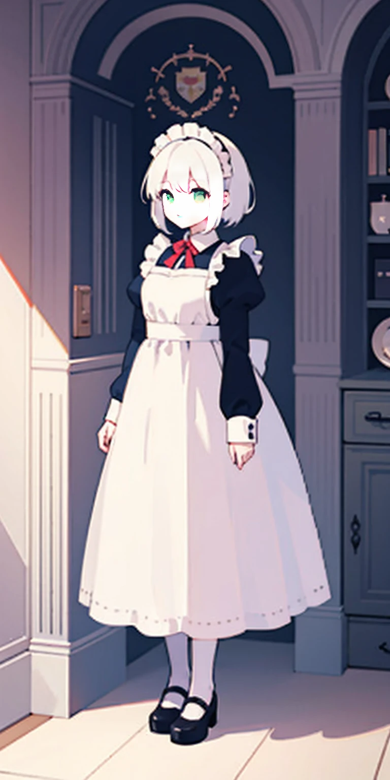 (masterpiece, top quality, best quality), pixel, pixel art, 1girl, full body, white hair, green eyes, blue maid dress