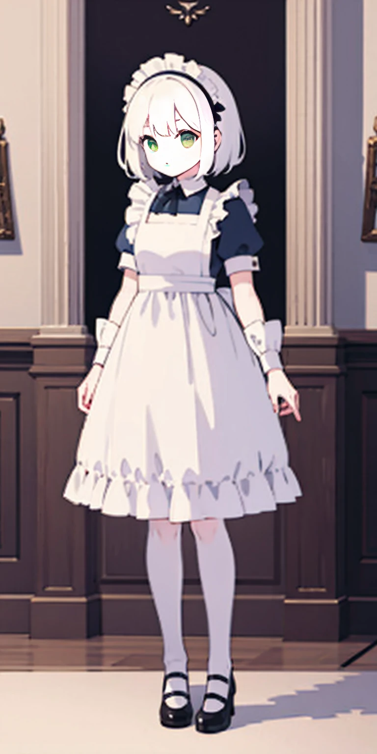 (masterpiece, top quality, best quality), pixel, pixel art, 1girl, full body, white hair, green eyes, blue maid dress