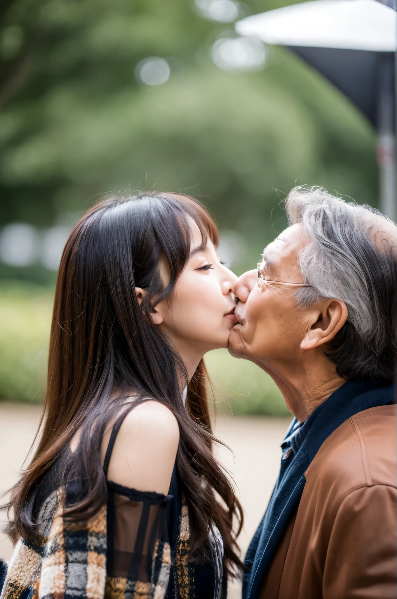 Just two people　A 70-year-old man and his 20-year-old daughter　My daughter is as cute as an idol　Face to face deep kiss　Medium bust