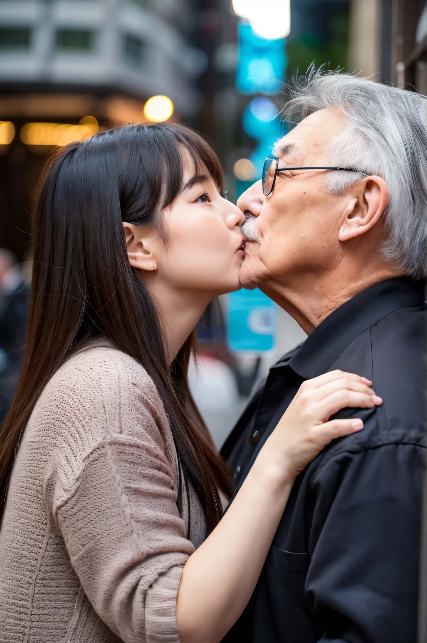 Just two people　A 70-year-old man and his 20-year-old daughter　My daughter is as cute as an idol　Face to face deep kiss　Medium bust