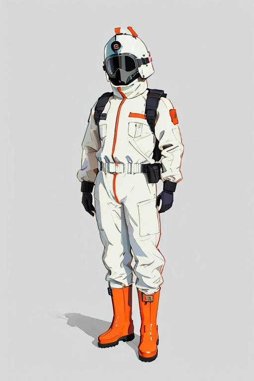 (ultra detailed,ultra high res,detailed background),((2D)),((flat color)),((muted color)), 1solo, looking at viewer, white hazmat suit, (big red galoshes), plush collar, full body image, square helmet