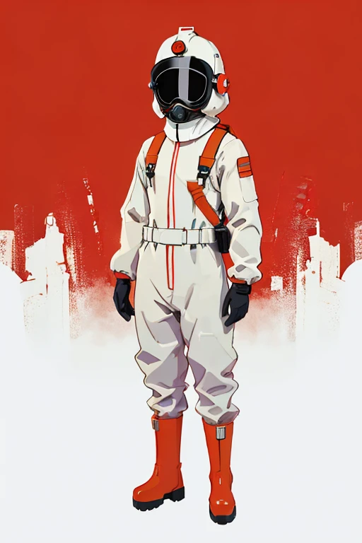  (ultra detailed,ultra high res,detailed background),((2D)),((flat color)),((muted color)), 1solo, looking at viewer, white hazmat suit, (big red galoshes), plush collar, full body image, square helmet