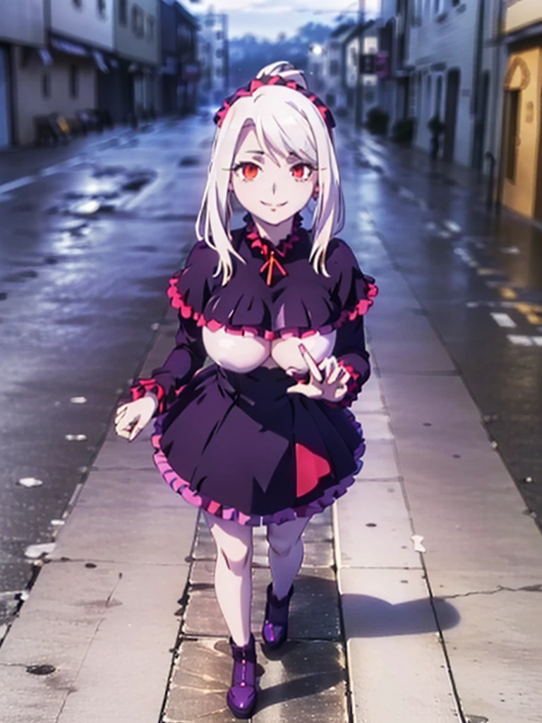great quality ++ Extremely detailed high resolusionolution, (((very aesthetic))), expressive eyes, (((perfect face))), (((((face symmetrical))))), ((((perfect face)))), (((((good anatomy))))), (((perfect hands))), (((8k)))), UHD, HD wallpaper, (((high detailed calidra, (((((1girl)))))), only, ((((Masterpiece)))), ((((Best quality))))), ((((high resolution)))), Highly detailed, (illustration), beautiful detailed eyes, (((combatant))), (((1girl)))), (((((((illyasviel von einzbern)))))), (((((white hair))))), (((((gothic ta)))), ((((ponytail)))), (((((smile))))), (((frilled dress))), (((dress))), (((loliashion))), Long wavy hair, (((red eyes))), (((purple heart promise))), (((milfication))), (((mature female))), ((((((gigantic breasts)))))), (((Accurate fingers))), ((((Unnatural hands)))), strange eye, (((strolling through the city))), (((walking))), (((female pose))), ((((full body)))),