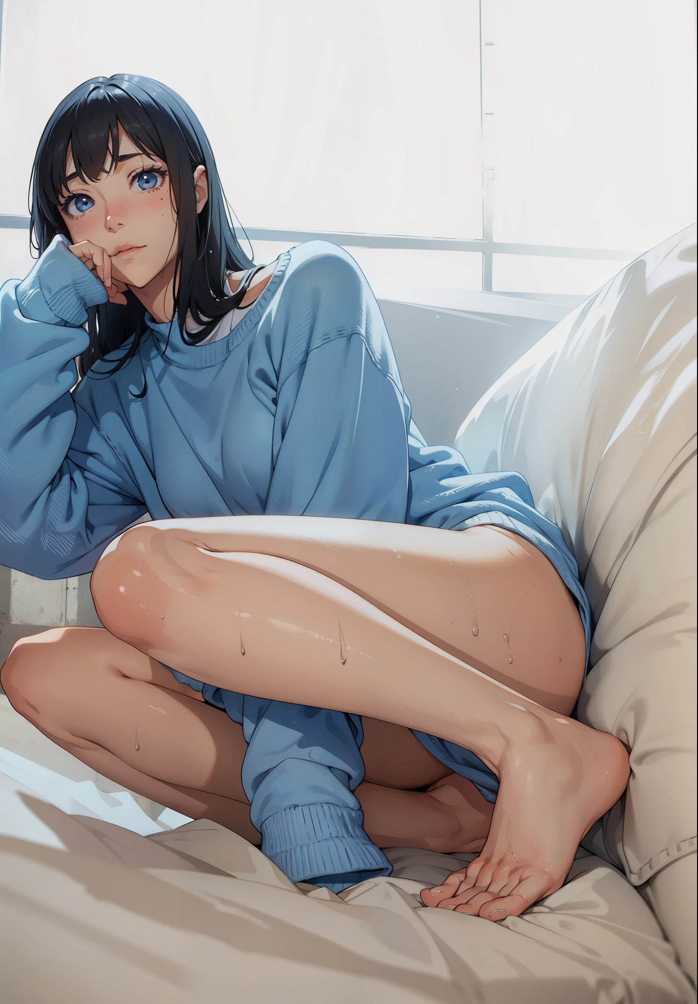 girl, sweat, medium breast, shy, detailed hand, looking at viewer, dynamic shadows, slight smile