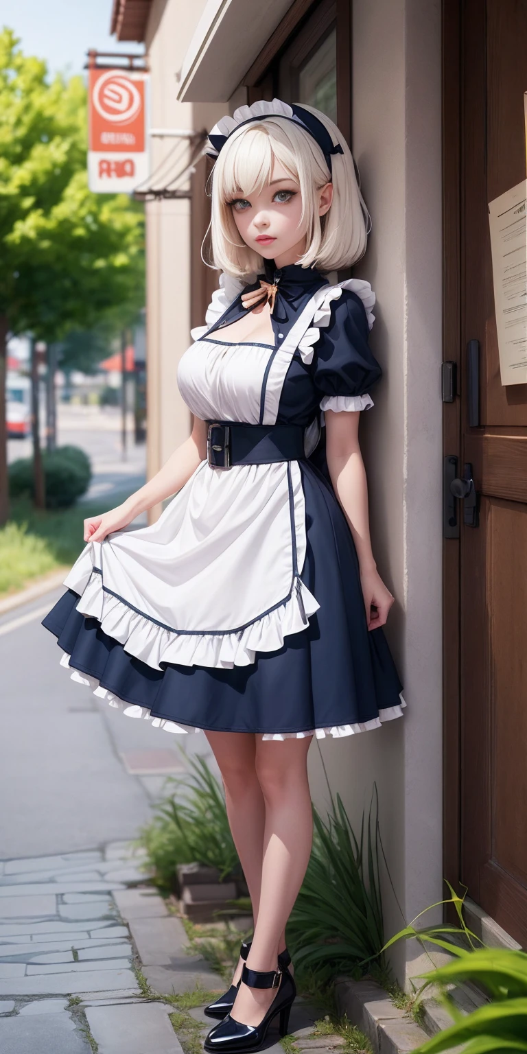 (masterpiece, top quality, best quality), pixel, pixel art, 1girl, full body, white hair, green eyes, blue maid dress
