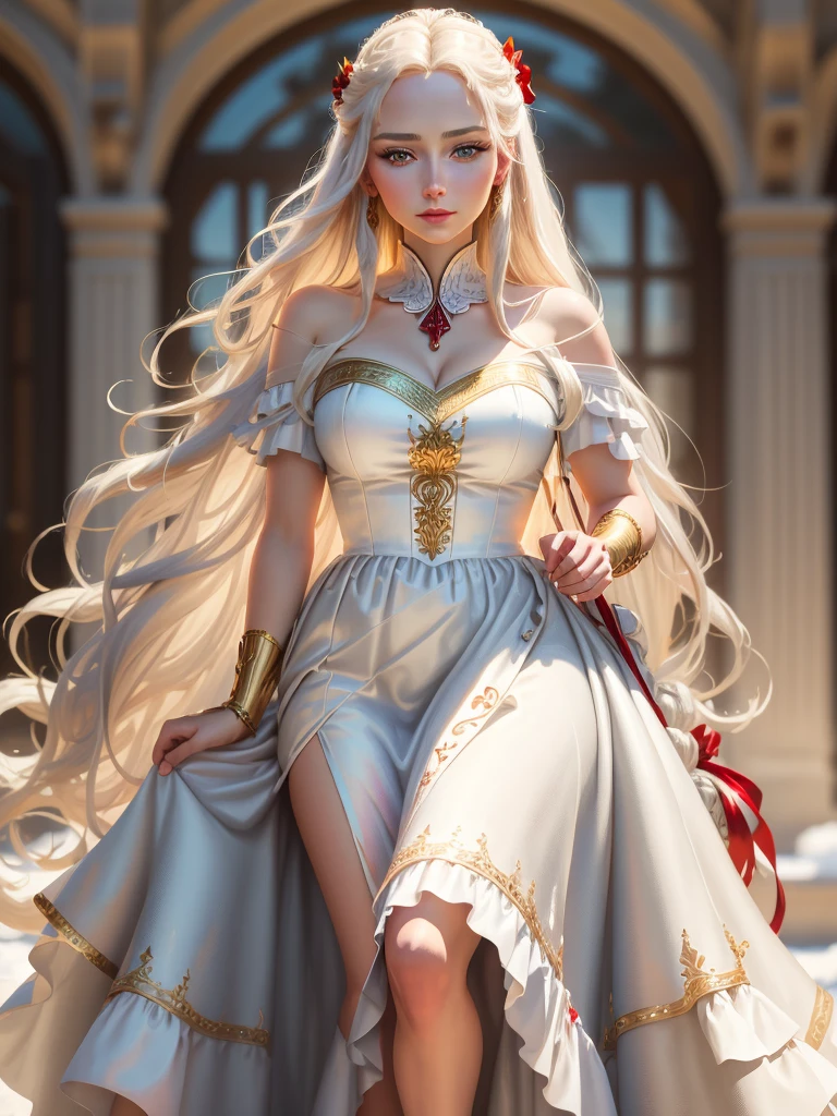 an incredibly beautiful femme fatale young woman with long golden hair gathered with a scarlet ribbon, she has blue eyes, she is wearing a snow-white flowing dress in the Greek style. Masterpiece, perfect image, realistic pictures, detailed face study, full-length image, 8k, detailed image. extremely detailed illustration, a real masterpiece of the highest quality, with careful drawing.