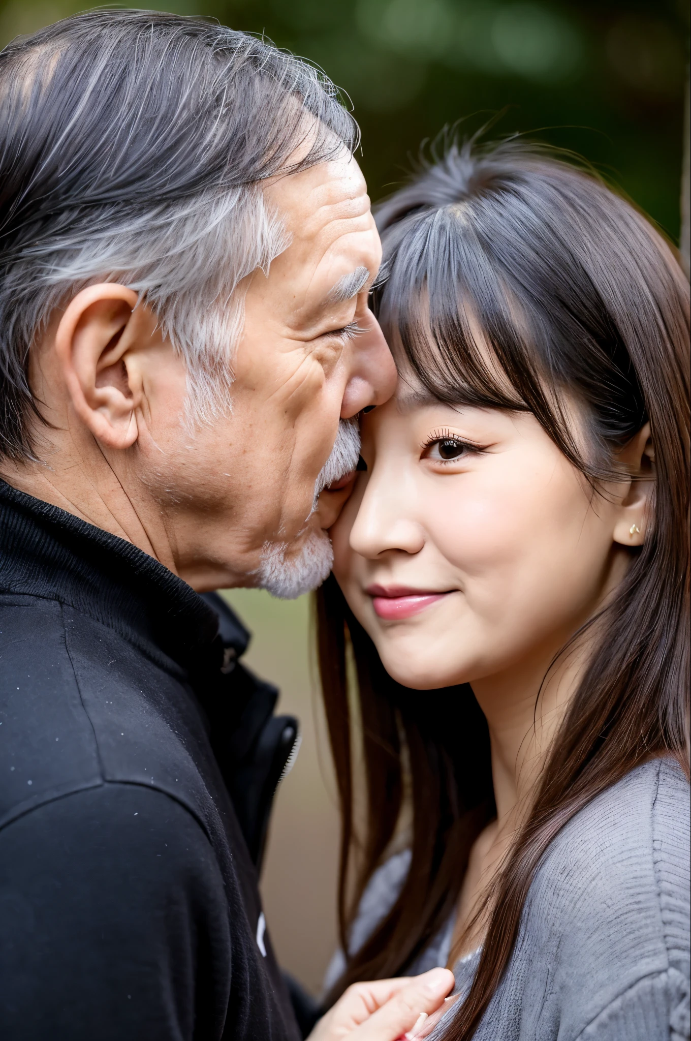 75 year old man、Cute 20 year old Japanese girl、Face to face　kiss、Whole body、Cleavage、Genuine、realism、High resolution、Life、No copyright notice