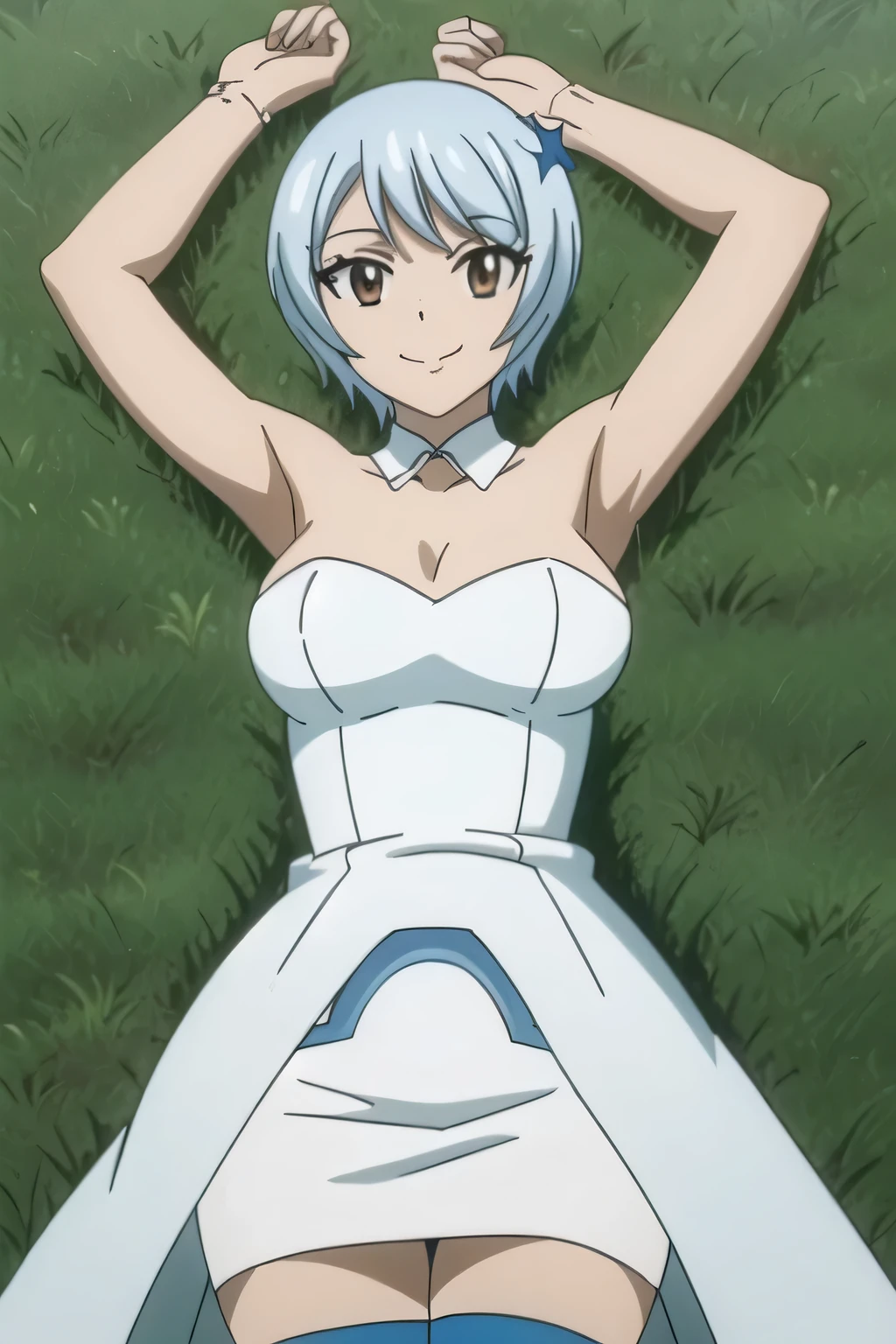 masterpiece, (intricate details), (colorful), cinematic lighting, yukinoagria, white strapless dress, thighhighs, solo, lying on back, arms up, spread arms, on grass, smile, closed mouth, looking at viewer, (cowboy shot:1.5), masterpiece, best quality, smile, in the center,