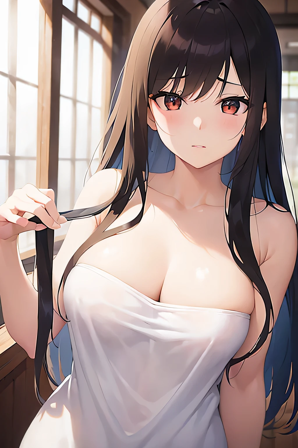 (avert your eyes:1.2), Look down, Upper Body, Realistic, Real person, (Pale skin: 1.2), RAW Photos, Realistic, Portrait Photography, Shiny skin, Japanese Idols、Shiny Hair、(A 25-year-old woman with medium-length hair and bangs) and (Wavy Hair) and (Brown Hair) and (Orange eyes) , (black) and (Plain T-shirt) and (Extra Large) 、(sad:1.2), The background is the living room、alone、Are standing