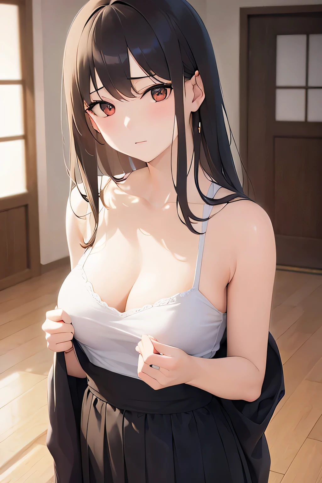 (avert your eyes:1.2), Look down, Upper Body, Realistic, Real person, (Pale skin: 1.2), RAW Photos, Realistic, Portrait Photography, Shiny skin, Japanese Idols、Shiny Hair、(A 25-year-old woman with medium-length hair and bangs) and (Wavy Hair) and (Brown Hair) and (Orange eyes) , (black) and (Plain T-shirt) and (Extra Large) 、(sad:1.2), The background is the living room、alone、Are standing
