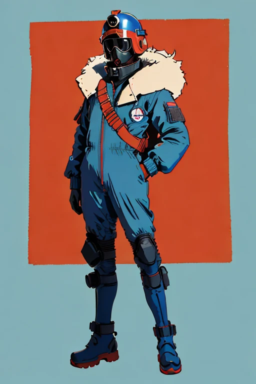 full body image, (ultra detailed,ultra high res,detailed background),((2D)),((flat color)),((muted color)), 1solo, looking at viewer, baggy flight suit, large fur collared bomber jacket, (big red galoshes), plush collar, full body image, square helmet, ((smokey blue background)), ((apocalyptic city)), entire body in frame, 