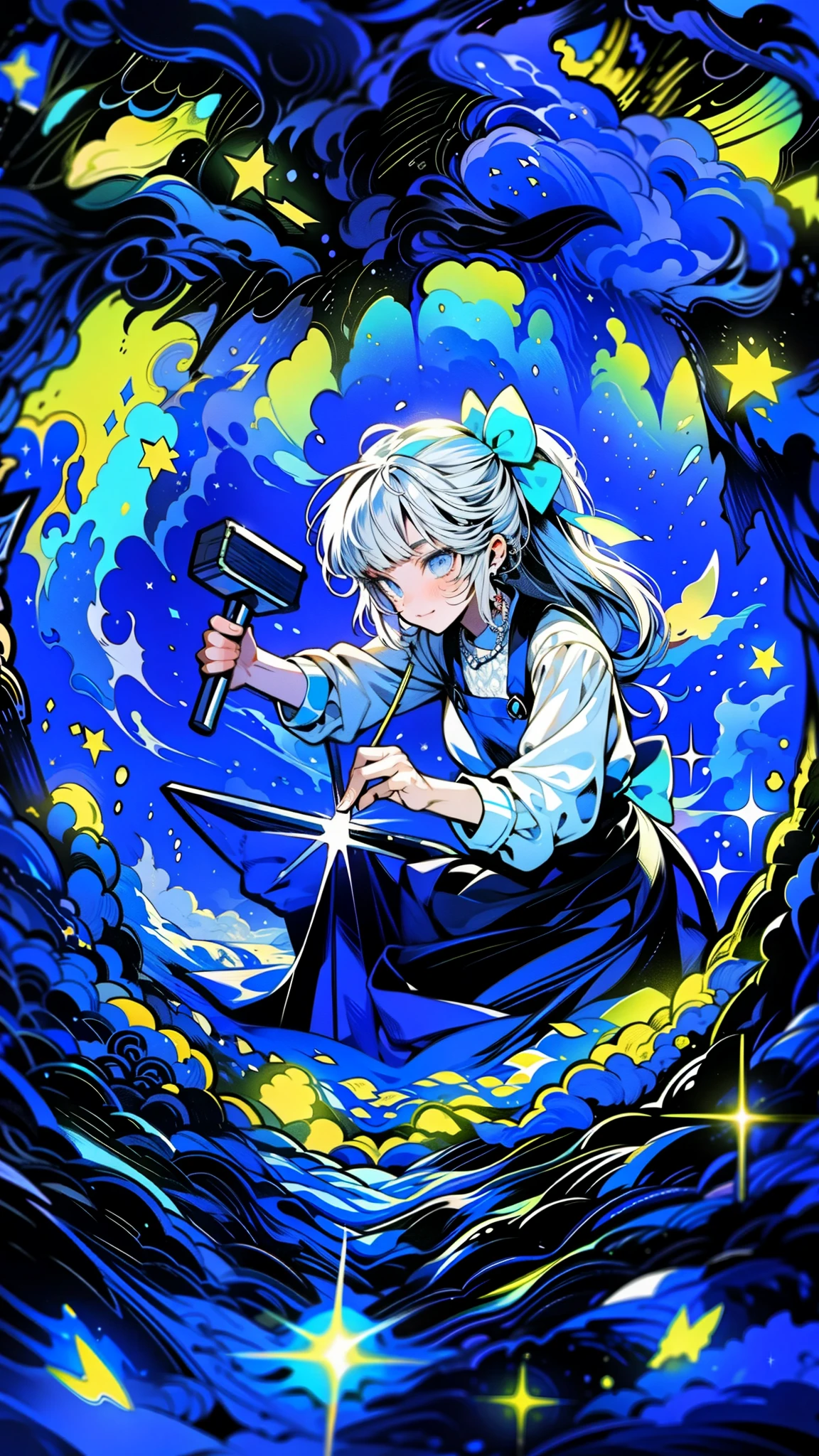 Illustration of an girl adolescent meticulously crafting a weapon with a hammer and anvil inside a cave filled with shiny ores, while colorful nebula light beams dance around, creating an otherworldly ambiance. Detailed, vivid colors, cosmic, dramatic lighting, sci-fi. fantasy world, dark background, clean design, epic, artstation, colorful paint splatter, silhouette, hyper detailed intricate details, unreal engine, fantasy, splash screen, complementary colors, deviantart masterpiece, oil painting, heavy strokes, paint dripping, indifferent expression