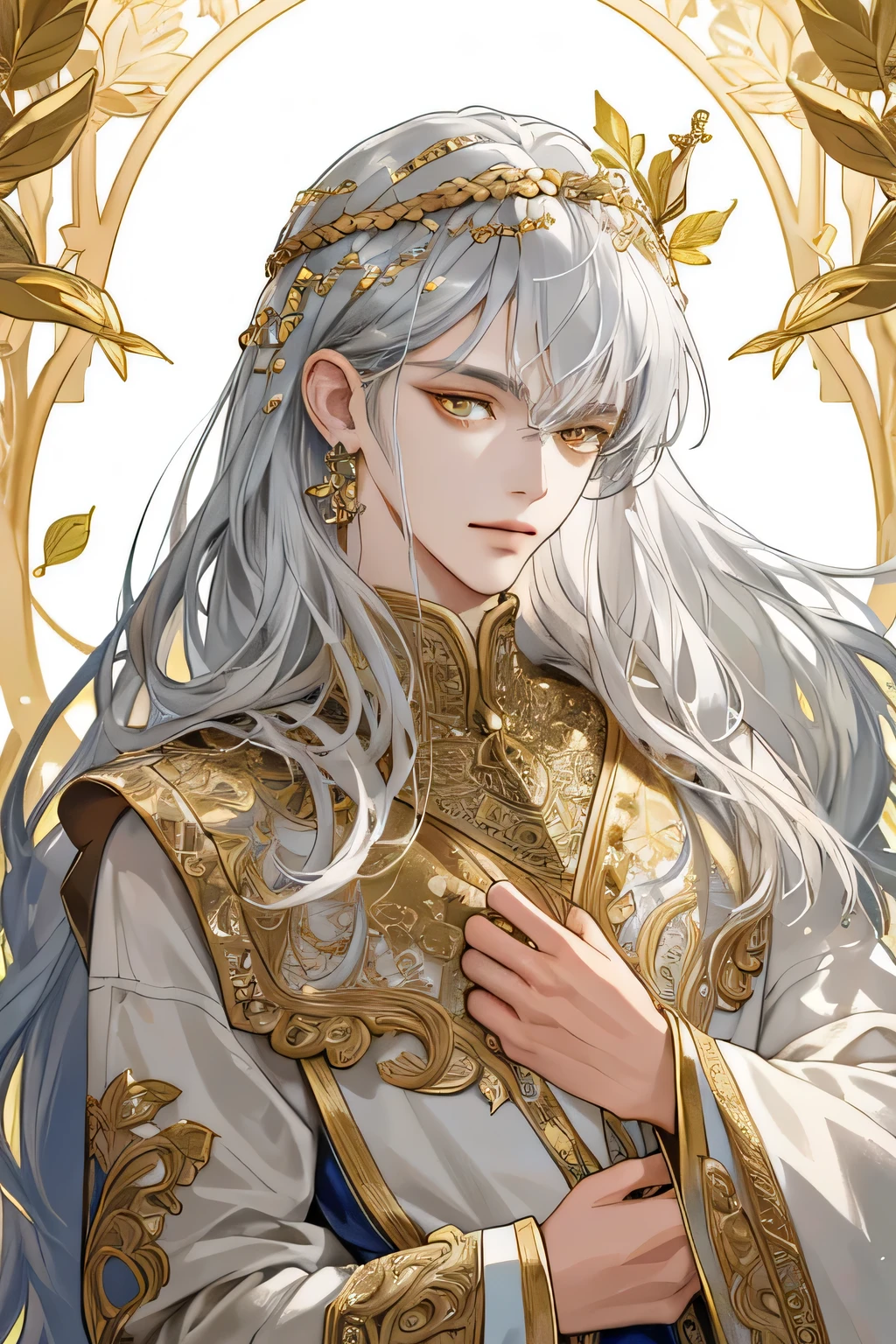 (extreamly delicate and gentle:1.2), 8K,(masterpiece:1.0),(best_quality:1.0), 1 boy, and intricate detailing, Enlarged textures, and intricate detailing, finely eye and detailed face, and intricate detailing, silver gold long Hair, (closed mouths), Perfect eyes, Equal eyes, golden eyes ,sharp eyes (A male god) with leaf crown yunani romawi