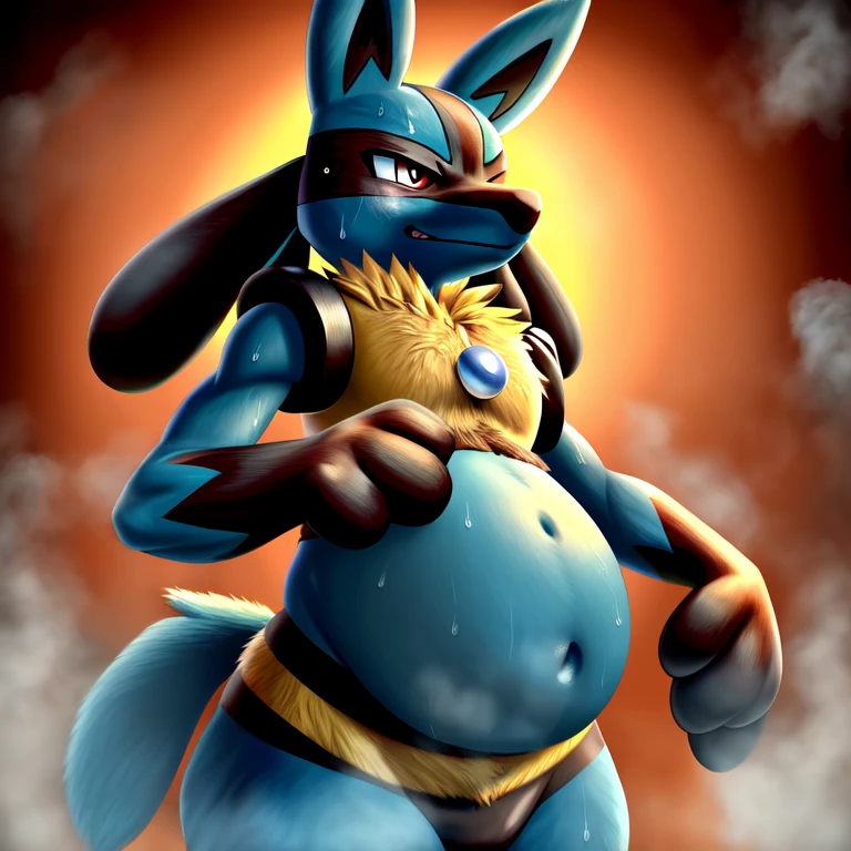 Busty woman Lucario,Fighting Stance,Attack Stance,Boxing stance,Wearing simple and stylish golden pharaoh bikini armor,Wearing Gold Wristguards,Fighting Stance. .Red eyes,Huge breasts:1.25), perfect round breasts, (Sexy body:1.5), Breast Focus, Normal breast structure, ,Pure white background,