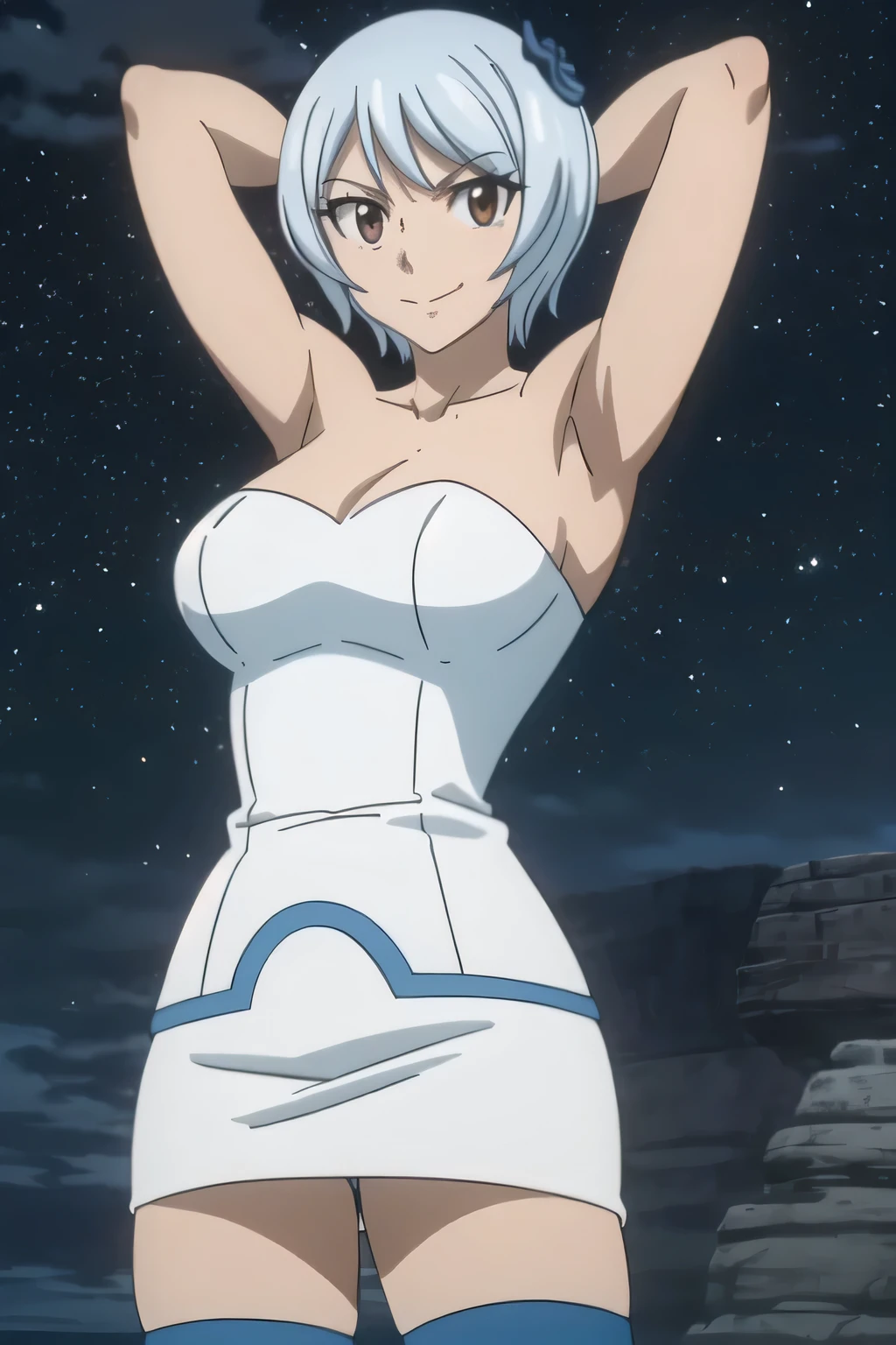 masterpiece, (intricate details), (colorful), cinematic lighting, yukinoagria, white strapless dress, thighhighs, dynamic pose, contrapposto, spread armpit, arms behind head, solo, looking at viewer, (cowboy shot:1.5), closed mouth, night sky, beach, masterpiece, best quality, smile, in the center,