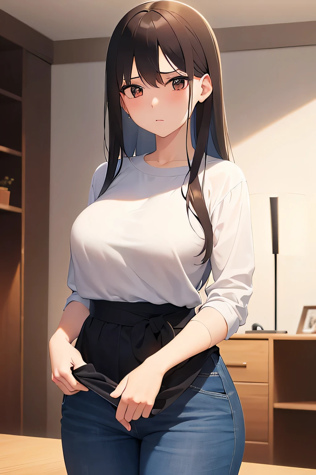 (avert your eyes:1.2), Look down, Upper Body, Realistic, Real person, (Pale skin: 1.2), RAW Photos, Realistic, Portrait Photography, Shiny skin, Japanese Idols、Shiny Hair、(A 25-year-old woman with medium-length hair and bangs) and (Wavy Hair) and (Brown Hair) and (Orange eyes) , (black) and (Plain T-shirt) and (Extra Large) 、(sad:1.2), The background is the living room、alone、Are standing