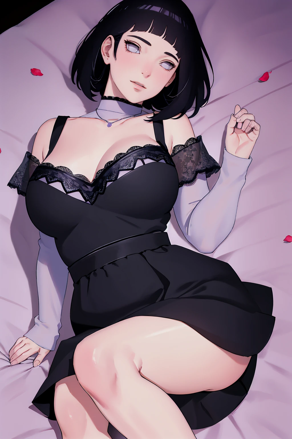 { - anatomy error} (Masterpiece - Ultra-detailed, very high resolution) (huge titusty, masterpiece, absurdres, hinata\(boruto\), 1girl, solo,mature female, off-shoulder bra, high waist black short skirt, looking at viewelling petals), perfect composition, detailed lips, big breast, beautiful face, body propotion, blush, (pink lips), short hair, (black hair), purple eyes, soft gaze, super realistic, detailed, photoshoot, realistic face and body, closed mouth, laying on the bed , lilac eyes, full body, lace clothes, with chin resting on shoulder, perfect fingers, backwards, looking back, sutil smile