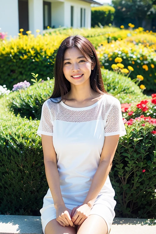 Realistic photography, Beautiful women. ,flower garden,smile