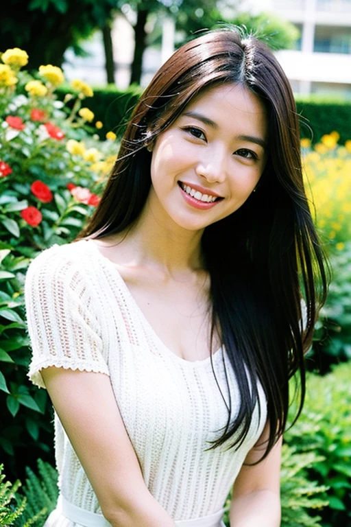 Realistic photography, Beautiful women. ,flower garden,smile