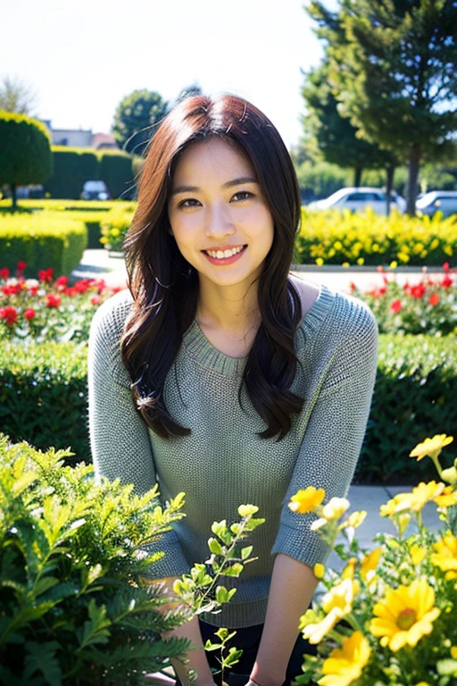 Realistic photography, Beautiful women. ,flower garden,smile