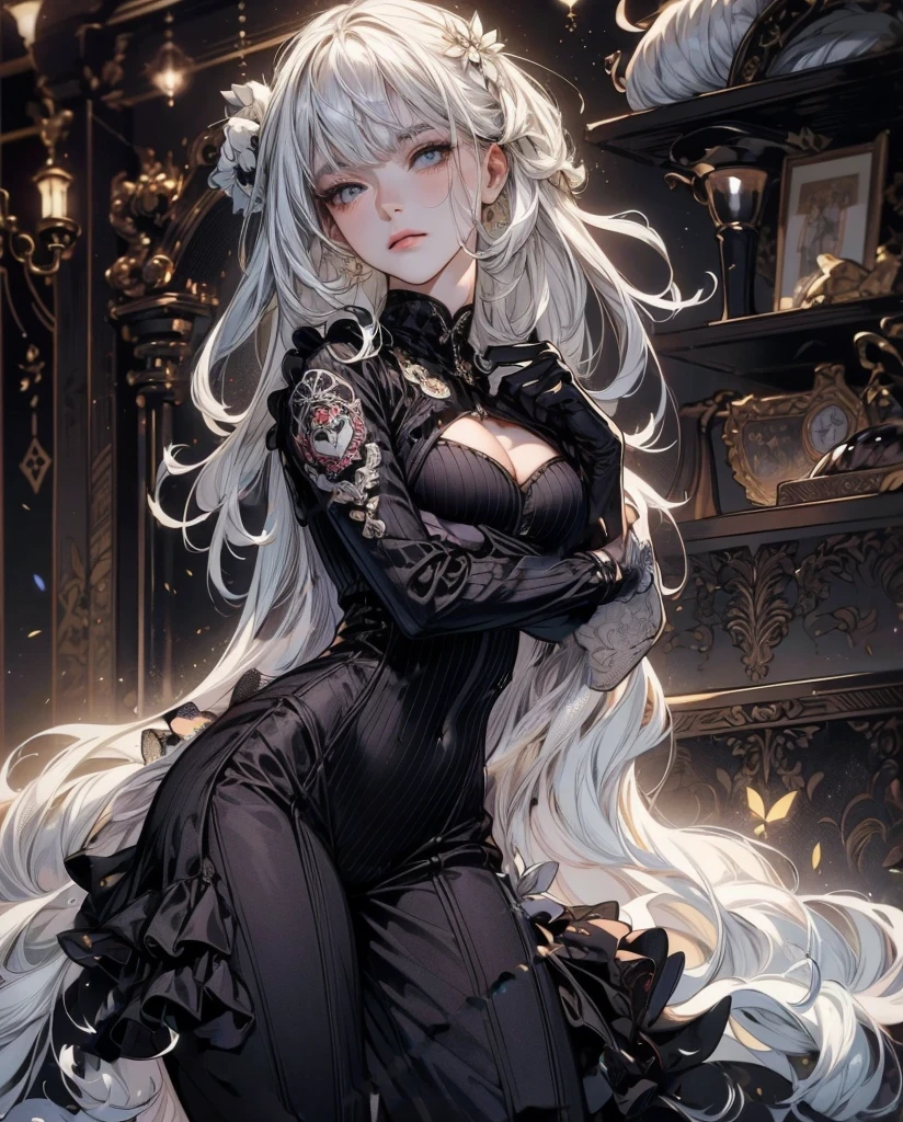 Fine illustration, ultra detailed, highres, from front, , elegant woman, elegant pose, black_dress, bodysuit, white_glistening long hair, beautiful woman, scenary world, detailed bodysuit with glittery decoration of dress, detailed embroidery, extremely layered frills, detailed texture, detailed pattern, room background,