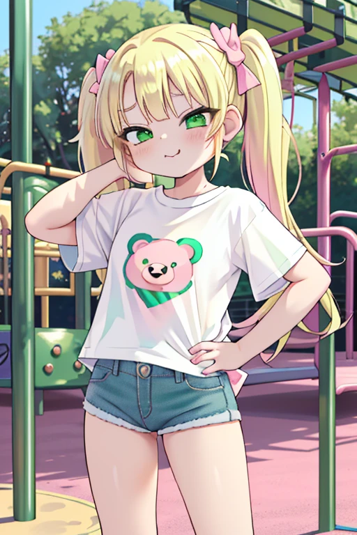 blush, sunlight, sunny, flowers, on a park, mesugake expression, ((mesugake expression at lens)) long hair, bows on pigtails, pink bows, (Female teen, golden blond hair in pigtails, green, eyes, fair skin), ((white oversized t-shirt)), (short denim shorts), mesugake face, barefoot, ((At a childrens playground)), bratty, spoiled, oversized t-shirt, ((seductive pose)), ((T-shirt has a pink bear logo)), (((Emerald green eyes))), (((Blond hair))), standing, one arm on hip the other near face