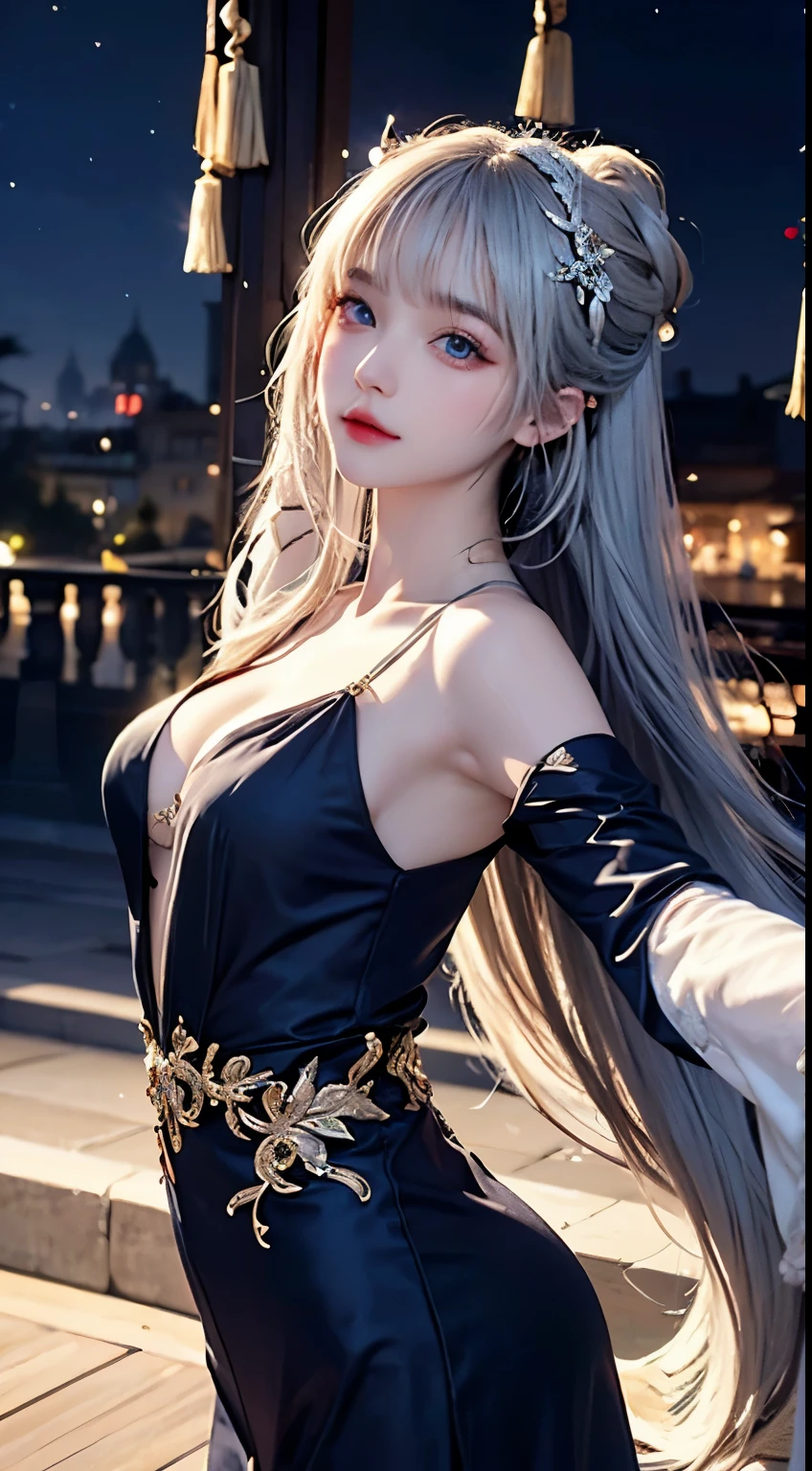 Night scene,（White Hair Girl:1.5）,（（masterpiece））、（detailed：1.4）（Close-up）、from up side（Backlight）(A fantastic atmosphere、Ancient Capital、Fantastic beauty images,One Woman、White Dust、Light Danceysterious atmosphere、Suspended particles), (Black Dress、long dress with sleeves、Dancing Girl、Spread your arms)、（Gray hair that changes with light、Long, lustrous white hair、white hair fluttering in the wind、Beautiful bangs:1.3）、（Beautiful white and shining skin、Cheek gloss highlight、Sexy and very beautiful and adorable face、The most beautiful face in the world、Big, sparkling blue eyes）、（A cute 25 year old girl、Ample breasts、Great cleavage small waist、delicate shoulders、Perfect figure）
