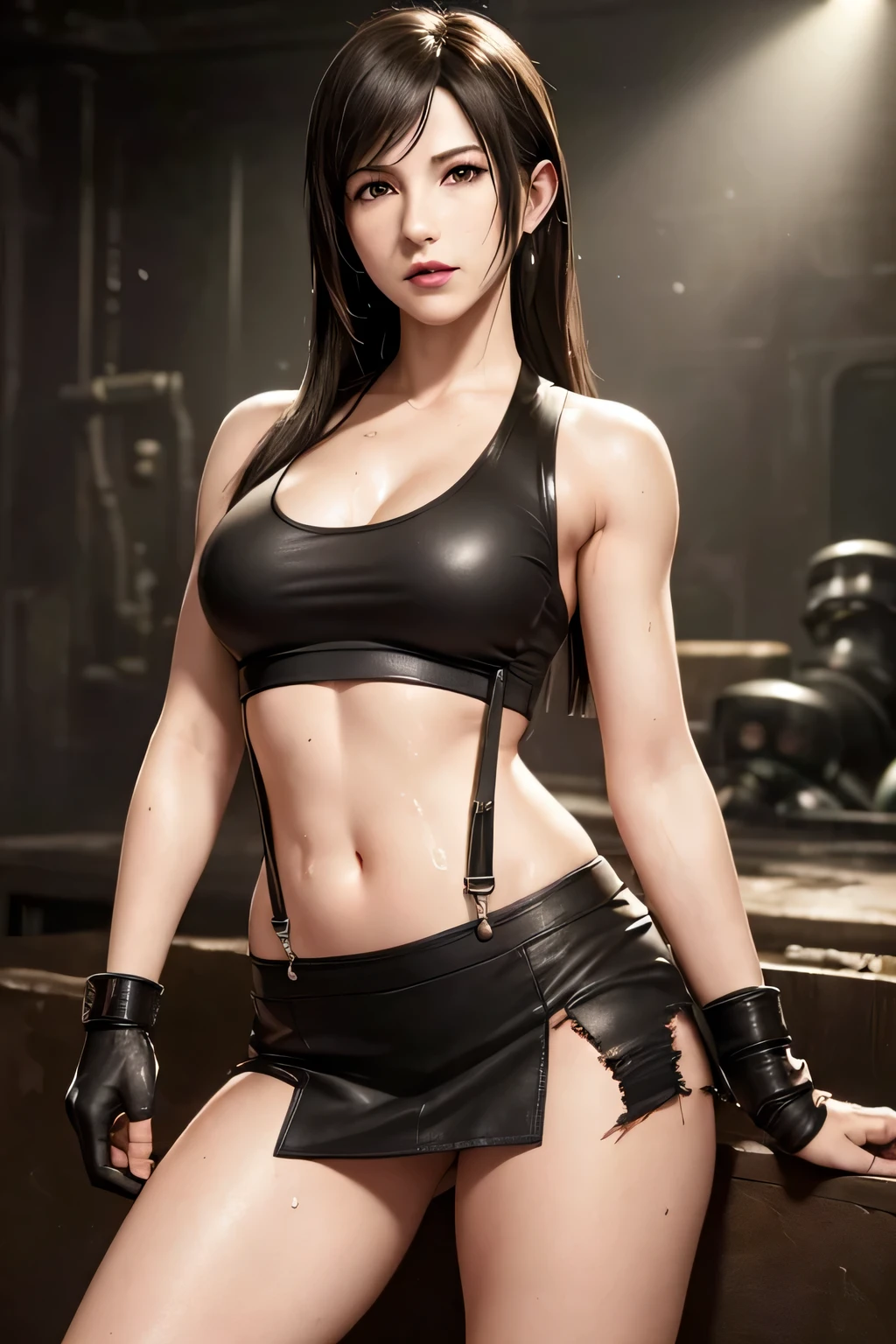 (Top Quality, Masterpiece: 1.1), (Realistic: 1.3), BREAK (((FF7,Tifa_lockhart))),(tifa_lockhart and monsters),sitting sofa, hand between legs,(A dark, barely lit torture chamber:1.3,wet:1.2,night:1.1,handcuffs:1.3,restraint:1.2,chain),(face focus:1.1), BREAK (((FF7,Tifa_lockhart))),(Light Brown Hair, Large breasts: 1.2),(Tifa_lockhart uniform:1.3, suspenders, low rise, mini skirt, tank top,torn uniform:1.3,torn tank top:1.3),abrasion:1.5, striking pose,BREAK (((FF7,Tifa_lockhart))),(shiny oiled skin: 1.1),(crowd of monster:1.3),(many monsters:1.2), ((stringy viscous liquid)),wet hair, about 18 years old,sensual, looking me:1.2, (sweat on body:1.3)