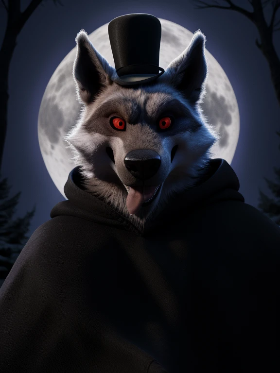 best quality, ultra high res,1furry boy， solo，detailed eyes, volumetric lighting, amazing, finely detail, cloak , white fur, red eyes, white sclera, bright pupils, tongue out, bright atmosphere, muscular, upper body, from back Looking at the viewer bowler hat realistic background of a forest with full moon 