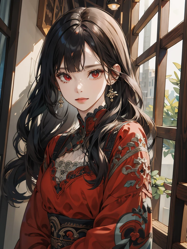 (absurdres, highres, ultra detailed), 1girl, mature female, wavy hair, long hair, blunt bangs, red eyes, dress, long sleeves, finely detailed eyes and detailed face, intricate details, BREAK mosaic art, small pieces, colorful tesserae, intricate patterns, tiled designs, durable surfaces, time-honored techniques BREAK macro photography, intricate details, magnified textures, stunning clarity, hidden beauty, immersive perspective BREAK , artisanal creations, handmade goods, unique designs, intricate details, creative expression, skilled craftsmanship, PerfectNwsjMajic