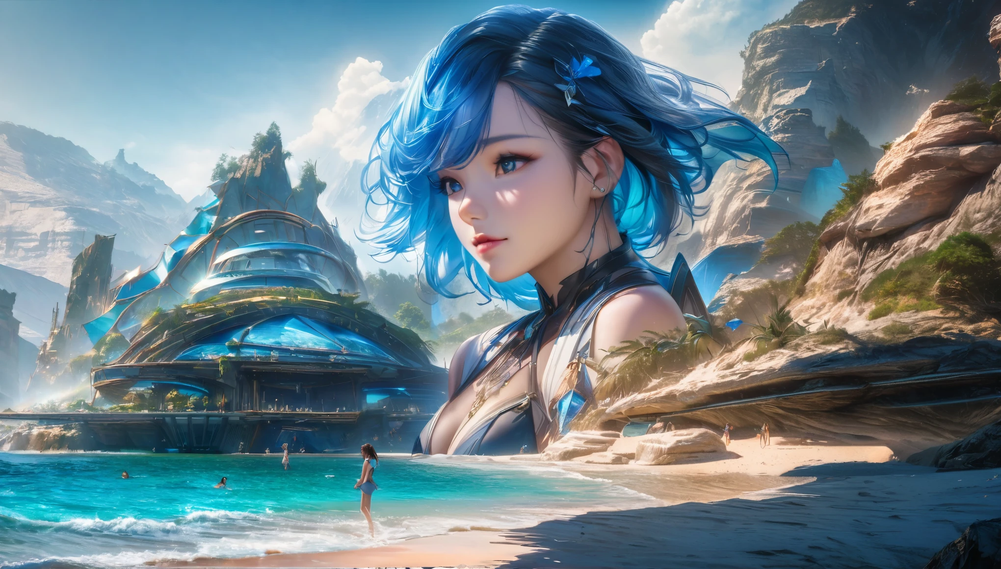 The prompt for Stable Diffusion: A lovely nubile Malaysian woman(age 30, blessed proportions), sunbathing on a sci-fi fantasy Venus beach, surrounded by a captivating scenery of a blue sea, sparkling blue sand, and large blue crystal outcroppings. The image should showcase the best quality with 4k or 8k resolution, high details, and a photorealistic rendering. The art style should combine elements of portraits and landscape, creating a vivid and captivating visual. The color palette should be dominated by various shades of blue, creating a serene and ethereal atmosphere. The lighting should be natural yet enhancing the beauty of the woman and the surroundings.