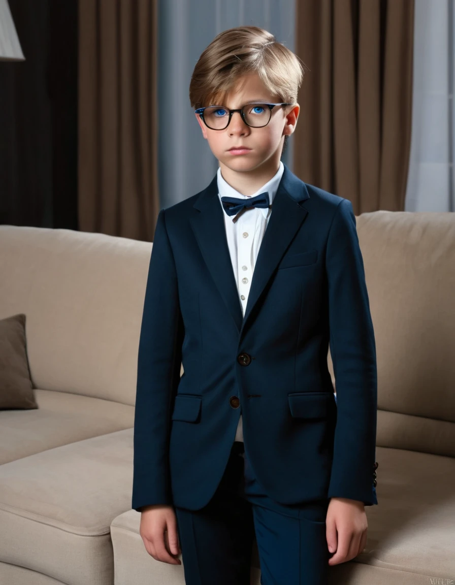 A 10-year-old boy slender light brown hair and blue eyes white skin fine features handsome boy masculine fine European features fine clothes elegant well dressed living room luxurious classic elegant dark clothes formal elegant discreet glasses look sad serious thoughtful a little upset