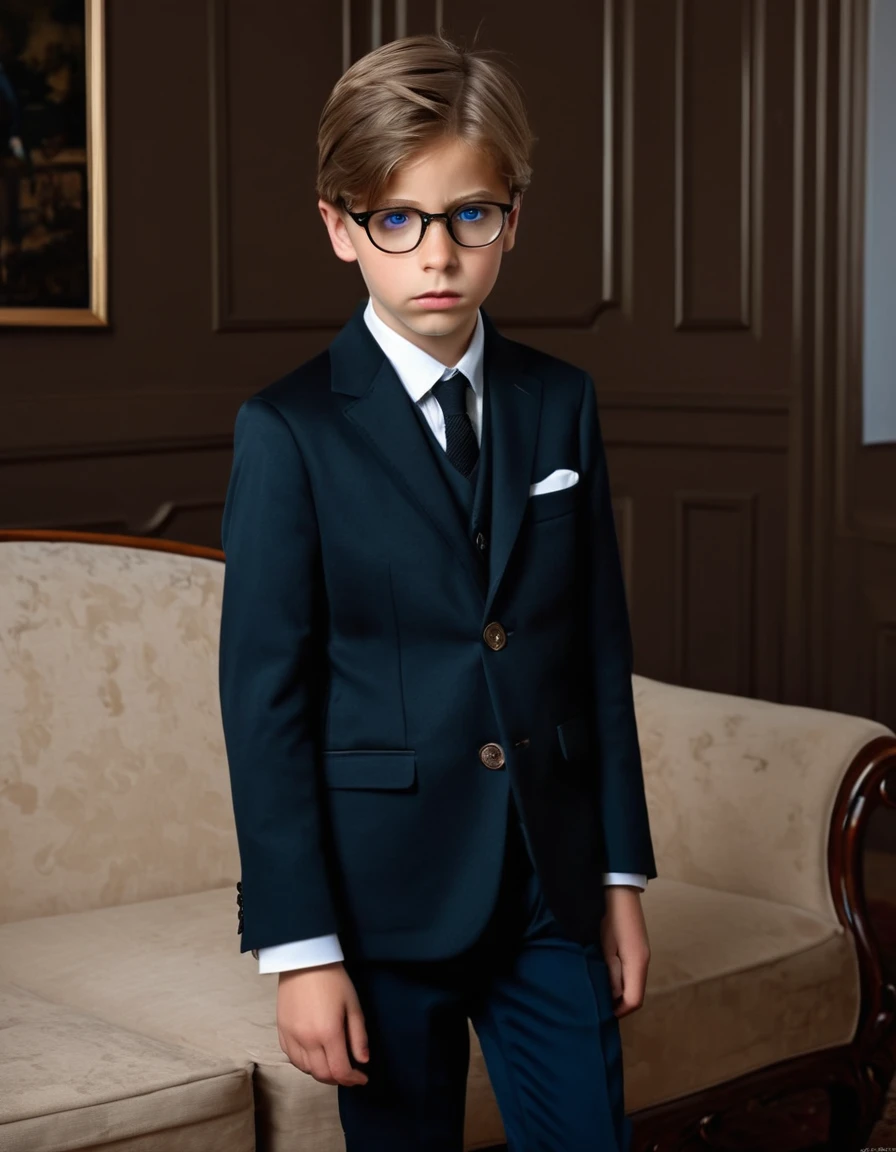 A -yeld bolender light brown hair and blue eyes white skin fine features handsome boy masculine fine European features fine clothes elegant well dressed living room luxurious classic elegant dark clothes formal elegant discreet glasses look sad serious thoughtful a little upset