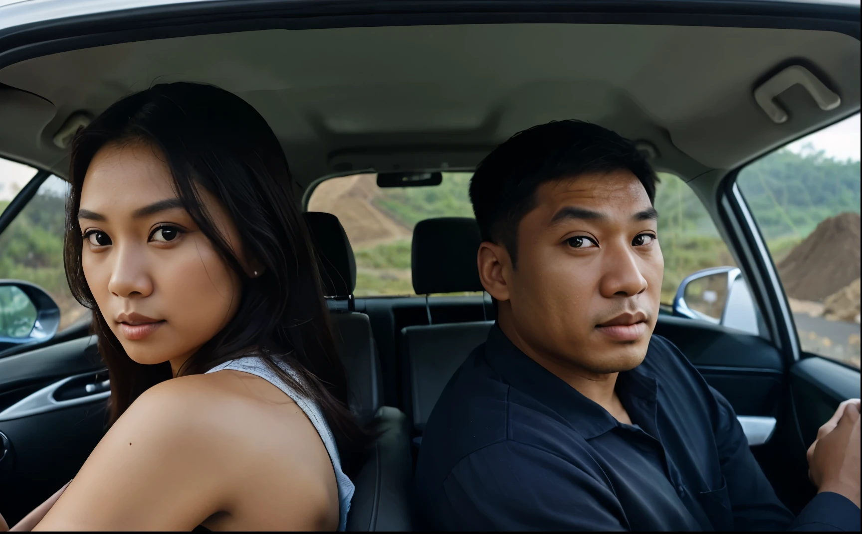 photo of a man, driving, haul dump, accompanied by a beautiful woman, mixed Indonesian and Chinese face, with mining background, coal, blue smoke