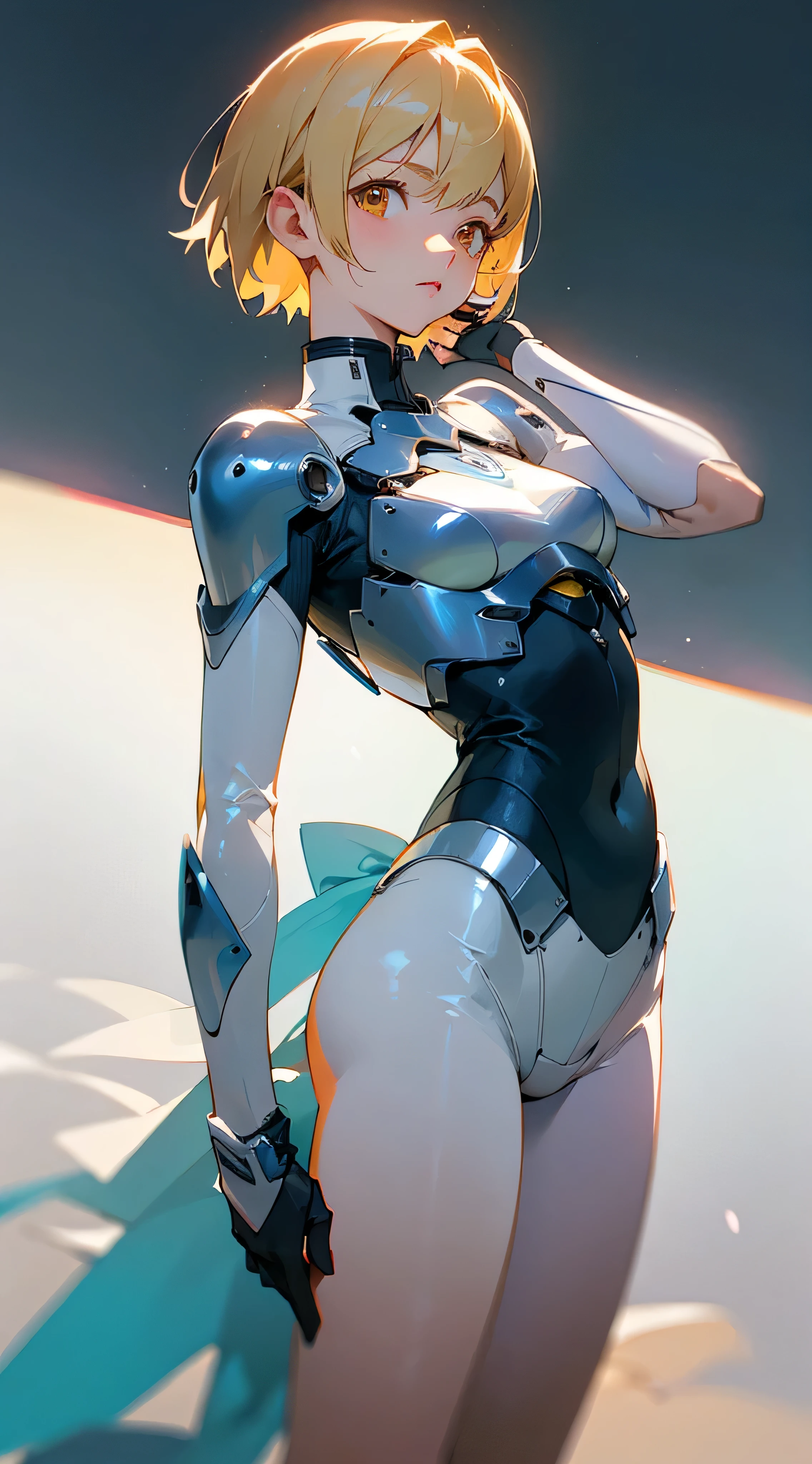 (masterpiece, best quality )detailed, 1 role ,  Lightly faded , Cell Shadow , Soft, Soft tones ,Soft colors , Blue archival art style,


Wearing clothes that are a mix of Sword Art Online and futuristic styles , Stunning woman , short hair , Blonde hair , Orange eyes , No students , Pink lips , Pale skin , ￼26 years old,