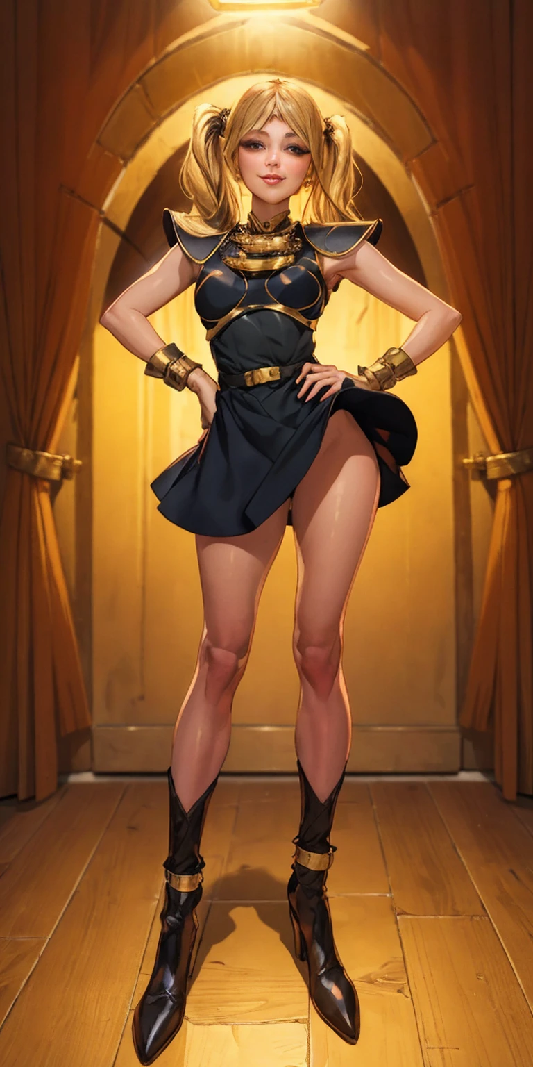 full body standing straight symmetrical, huge cowboy shot, solo 1MILF, lustful smirking smile face, looking at viewer, hands on hips, twintails, twin drills, dress, striped pantyhose, metal handcuffs on their hands with a black maetal slave collar around her neck, cowbell attached to the choker, sleeveless, black stockings, golden tiara