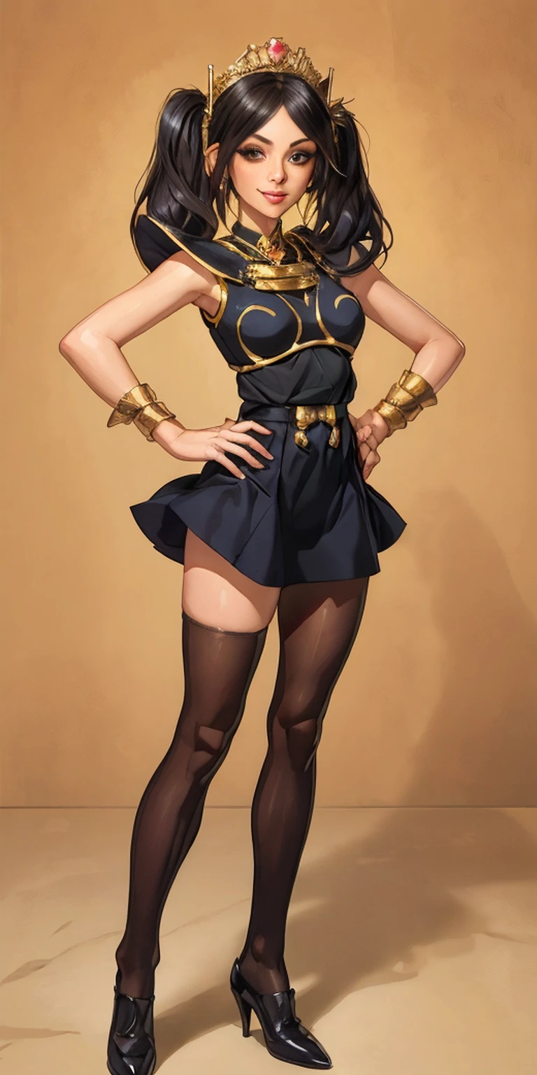 full body standing straight symmetrical, huge cowboy shot, solo 1MILF, lustful smirking smile face, looking at viewer, hands on hips, twintails, twin drills, dress, striped pantyhose, metal handcuffs on their hands with a black maetal slave collar around her neck, cowbell attached to the choker, sleeveless, black stockings, golden tiara