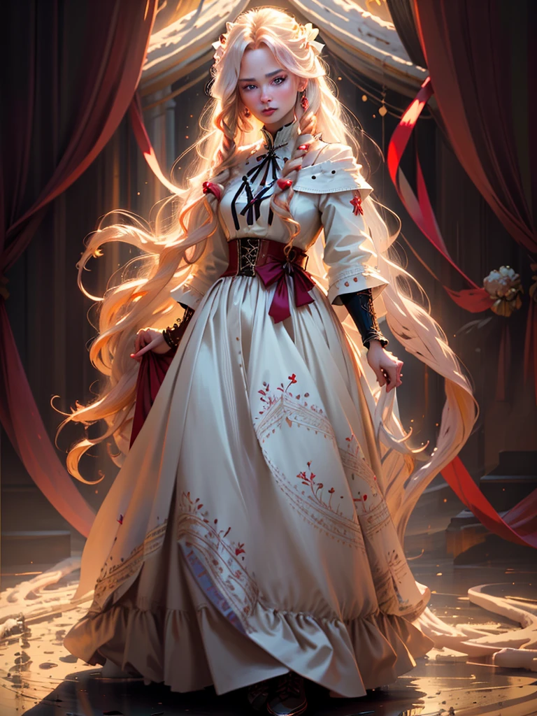 an incredibly beautiful femme fatale young woman with long golden hair gathered with a scarlet ribbon, she has blue eyes, she is wearing a snow-white flowing dress in the Greek style. Masterpiece, perfect image, realistic pictures, detailed face study, full-length image, 8k, detailed image. extremely detailed illustration, a real masterpiece of the highest quality, with careful drawing.