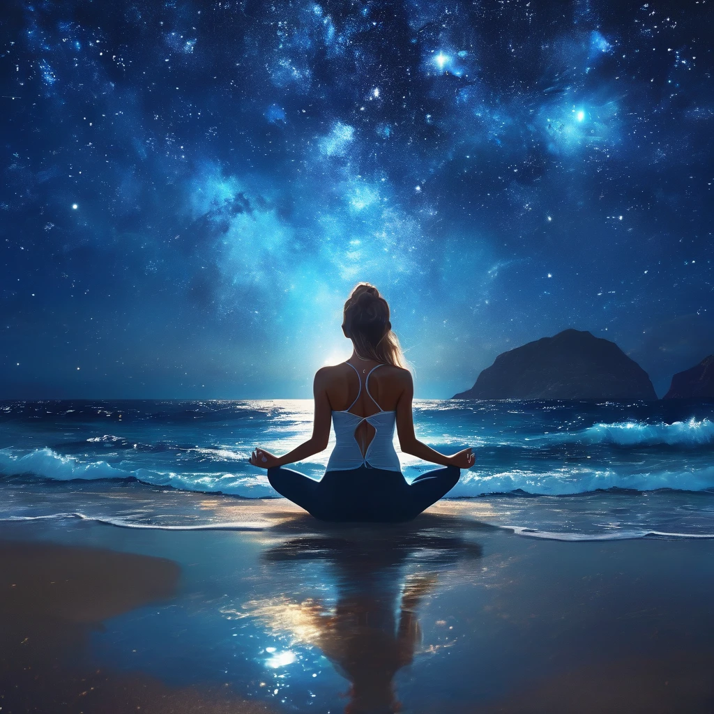 Full body photography of girl in lotus pose，Anatomically correct，Sitting on the blue coast，back view，The background is stars and the sea，Night，Dark blue galaxy style，Starlight，Female star spirit, Transformation, Depth of Field, dreamy atmosphere, Chaos in its most beautiful form, grace