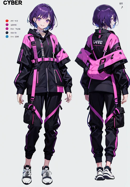 Purple Hair,Shortcuts,girl,1 person,,Harness,pants,sneakers,,cyber punk,Simple Background,smile,whole body,whole body,Portraiture,Character Sheet