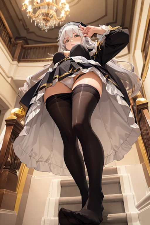 (Eris)、Confused expression、smile、(Ankle length skirt)、Very long hair、foot,  (chubby thighs:1.1), feet, legs,  (black pantyhose:1.3), white panties, pantyhose pull, panty pull、masterpiece, best quality, 1 girl, solo, large breasts,chandelier, skirt lift、from below、low angle、